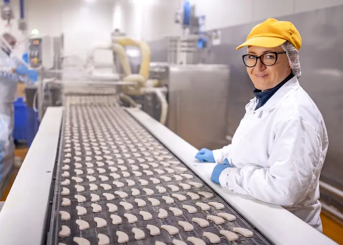 Factory worker inspecting products